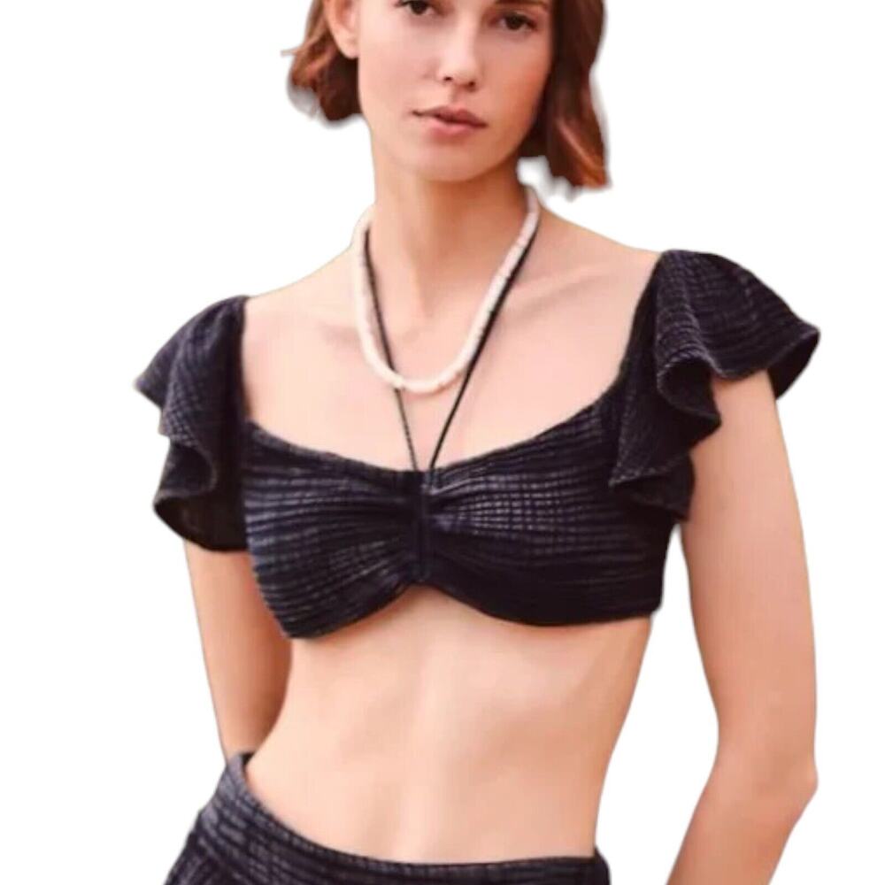 Anthropologie Daily Practice Womens Crop Top Noir Jerry Cinched Ruffle Black M - Picture 1 of 7